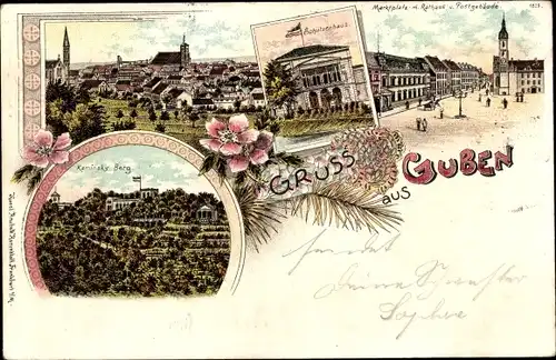Litho Guben in der Niederlausitz, Marktplatz, Rathaus, Postgebäude, Schützenhaus, Kaminsky Berg