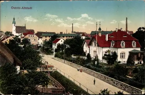 Ak Ostritz in der Oberlausitz, Altstadt aus der Vogelschau