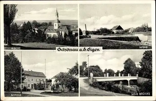 Ak Schönau Berzdorf auf dem Eigen, Kirche, Schule, Wehr, Neue Brücke