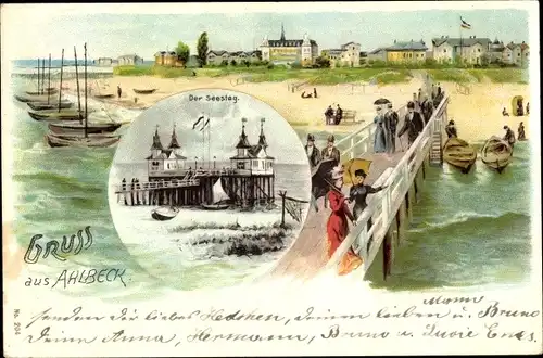 Litho Ostseebad Ahlbeck Heringsdorf auf Usedom, Strandpanorama, Seesteg