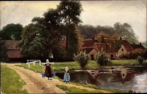 Künstler Ak Gerstenhauer, Johann Georg, Niederländisches Motiv, Dorf, Wasserträgerin