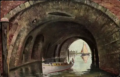 Künstler Ak Gerstenhauer, Johann Georg, Niederländisches Motiv, Kanal, Boot, Tunnel