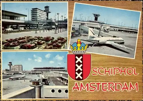 Wappen Ak Amsterdam Nordholland Niederlande, Flughafen Schiphol, Passagierflugzeug