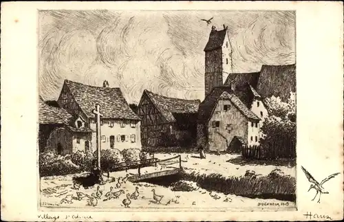 Künstler Ak Hansi, Jean Jacques Waltz, Village d'Alsace, Elsass, Dorfansicht