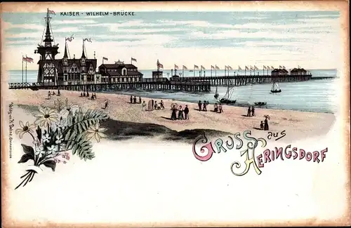 Litho Ostseebad Heringsdorf auf Usedom, Kaiser Wilhelm Brücke, Seeschloss