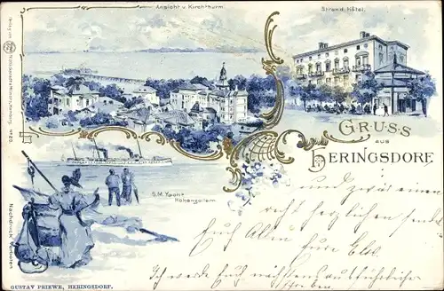 Litho Ostseebad Heringsdorf auf Usedom, Panorama vom Kirchturm, Strandhotel, SM Yacht Hohenzollern