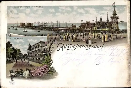 Litho Ostseebad Heringsdorf auf Usedom, Kaiser Wilhelm Brücke, Seeschloss