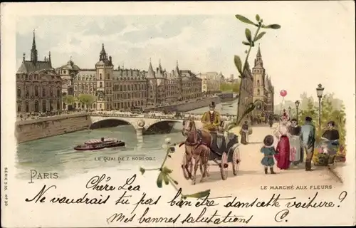 Litho Paris I., Le Quai de l'Horloge, Marché aux Fleurs