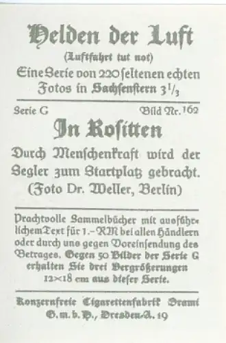Sammelbild Helden der Luft Serie G Bild 162 Segelflugzeug, In Rositten Foto Dr. Weller