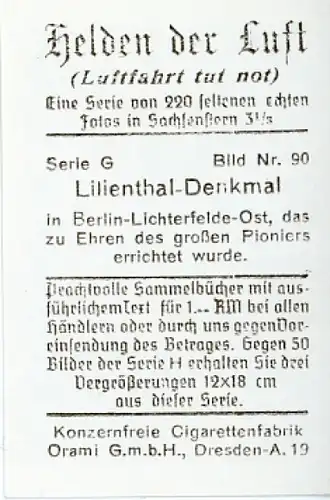 Sammelbild Helden der Luft Serie G Bild 90 Lilienthal-Denkmal Berlin Lichterfelde Ost