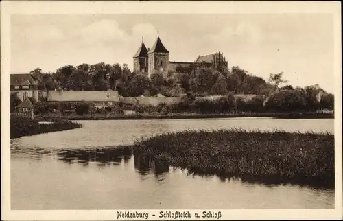 Ak Nidzica Neidenburg Ostpreußen, Schlossteich und Schloss