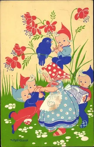 Künstler Ak Schermele, Willy, Zwerge, Vogel, Blumen