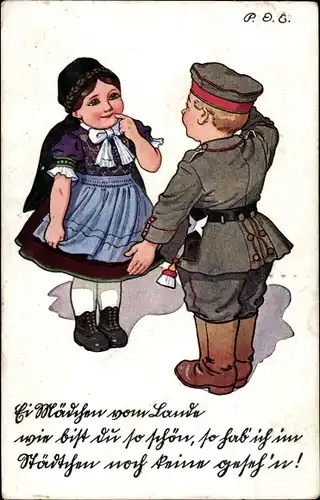 Künstler Ak Engelhard, P.O.E., Soldat in Uniform, Mädchen in Tracht