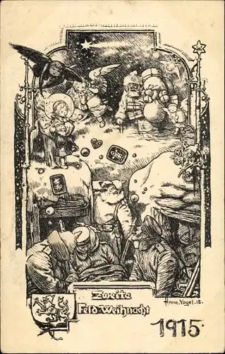 Künstler Ak Glückwunsch Weihnachten, Soldaten im Unterstand, Weihnachtsmann, Engel