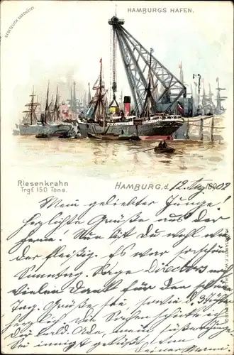 Litho Hamburg, Riesenkran im Hafen