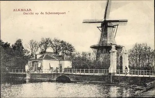 Ak Alkmaar Nordholland Niederlande, Gezicht op de Schermerpoort, Molen