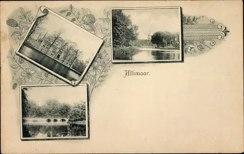 Ak Alkmaar Nordholland Niederlande, Stadtansichten, Windmühle, Villa, Fluss