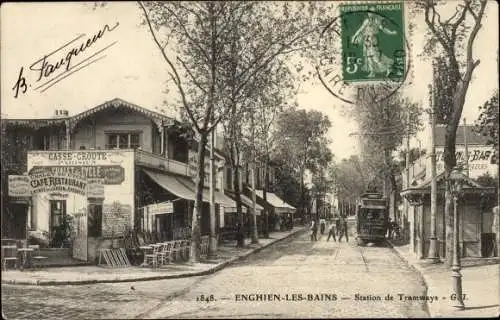 Ak Enghien les Bains Val d’Oise, Station de Tramways, Cafe Restaurant