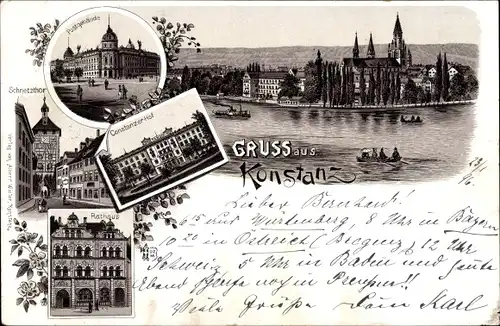 Litho Konstanz am Bodensee, Constanzer Hof, Postgebäude, Rathaus, Schnetztor