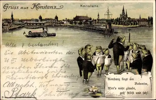 Litho Konstanz am Bodensee, Stadtansicht, vermenschlichte Frösche, Chor