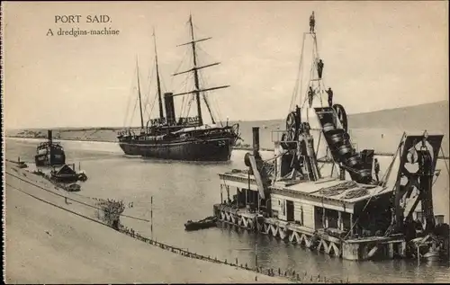 Ak Port Said Ägypten, A dredgins machine, Sandaufschüttmaschine, Dampfer