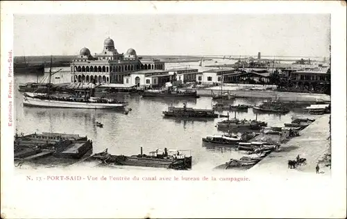 Ak Port Said Ägypten, Vue de l'entree du canal avec le bureau de la compagnie