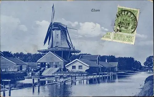 Ak Edam Volendam Nordholland Niederlande, Ortsansicht mit Windmühle, Molen