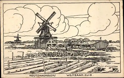 Künstler Ak Westzaan Nordholland, Houtzaagmolen, Windmühle, Haus