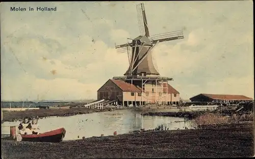 Ak Niederlande, Molen in Holland, Windmühle, Flusspartie