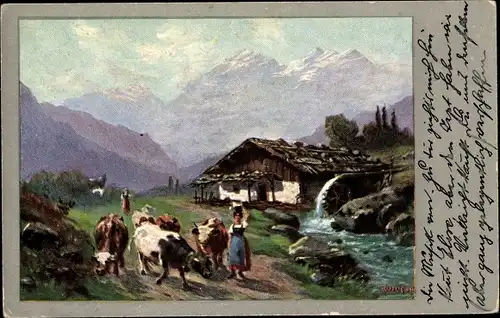 Künstler Litho Dorfidyll, Dorfpartie, Wohnhaus am Fluss, Rind, Kühe, Bäuerin