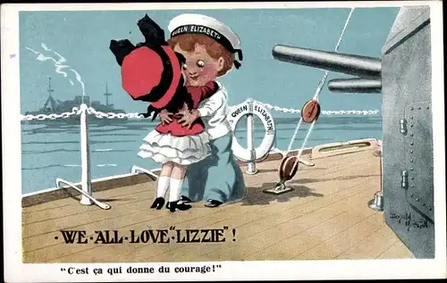 Künstler Ak We all lowe Lizzie, Seemann mit Frau, Liebe, Rettungsring, Kriegsschiff