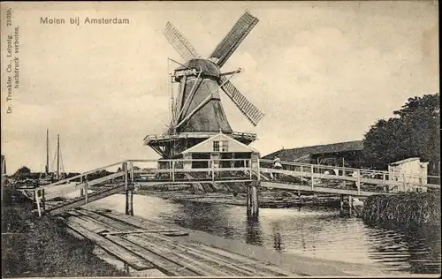 Ak Amsterdam Nordholland Niederlande, Molen, Windmühle, Brücke