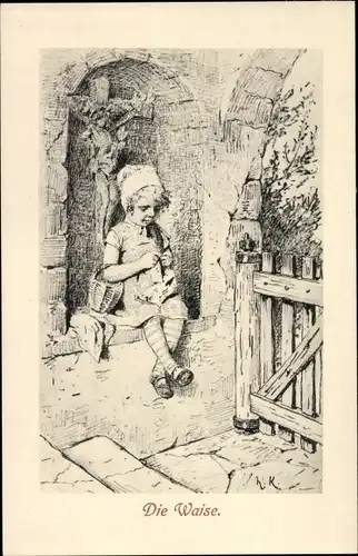 Künstler Ak Kaulbach, Hermann, Nähendes Mädchen, Die Waise