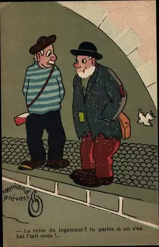 Künstler Ak Prevost, Raymond, Zwei Männer unter einer Brücke