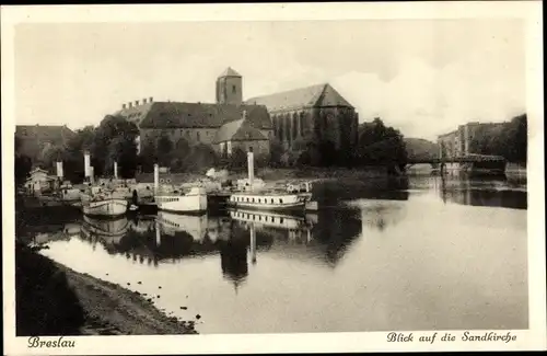 Ak Wrocław Breslau Schlesien, Sandkirche, Anlegestelle