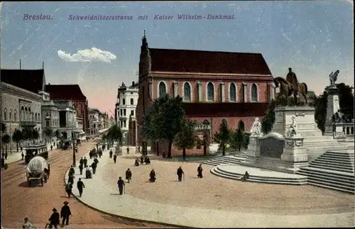 Ak Wrocław Breslau Schlesien, Schweidnitzer Straße mit Kaiser Wilhelm Denkmal, Straßenbahn