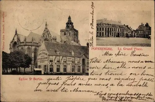 Ak Poperinghe Poperinge Westflandern, La Grand Place, Eglise St Bertin