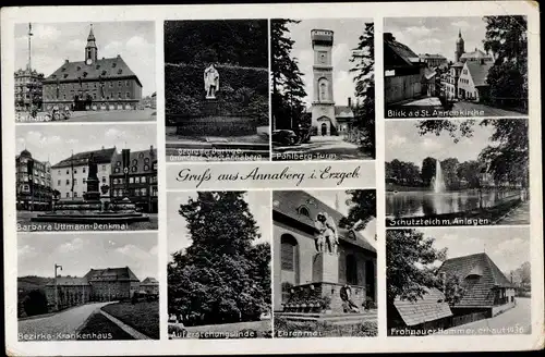 Ak Annaberg Buchholz Erzgebirge, Rathaus, St. Annenkirche, Pöhlberg Turm, Bezirkskrankenhaus