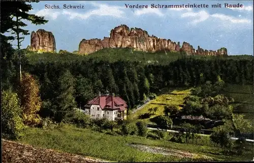 Ak Ostrau Bad Schandau in Sachsen, vordere Schrammsteinkette mit Baude