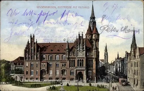 Ak Gelsenkirchen im Ruhrgebiet, Ahstraße mit Rathaus, Straßenbahn