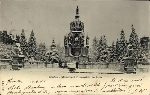 Ak Genève Genf Schweiz, Monument Brunswick, Winter