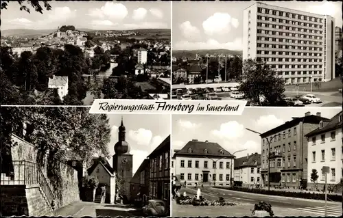 Ak Arnsberg im Sauerland Westfalen, Ortspanorama, Hochhaus, Straßenpartie, Kirchturm