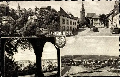 Ak Arnsberg im Sauerland Westfalen, Panorama, Teilansichten, Marktplatz, Wappen