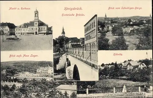 Ak Königsbrück in der Oberlausitz, Markt, Rathaus, historische Brücke, Neues Lager, Käbnitz