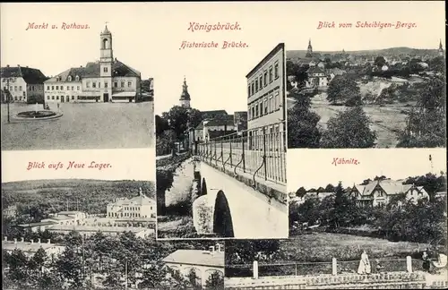 Ak Königsbrück in der Oberlausitz, Markt, Rathaus, historische Brücke, Neues Lager, Käbnitz