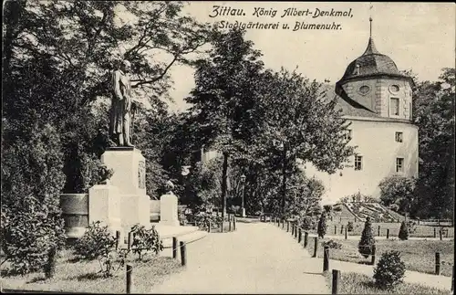 Ak Zittau in Sachsen, König Albert-Denkmal, Stadtgärtnerei u. Blumenuhr
