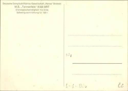 Ak Frachtschiff MS Tannenfels, DDG Hansa