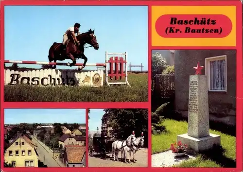 Ak Baschütz Kubschütz in Sachsen, Sektion Reitsport, Dorfstraße, Hochzeitskutsche, Obelisk