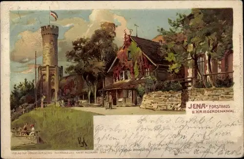 Künstler Litho Jena in Thüringen, Forsthaus und Kriegerdenkmal