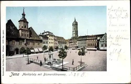 Golden Windows Ak Jena in Thüringen, Marktplatz mit Bismarckbrunnen